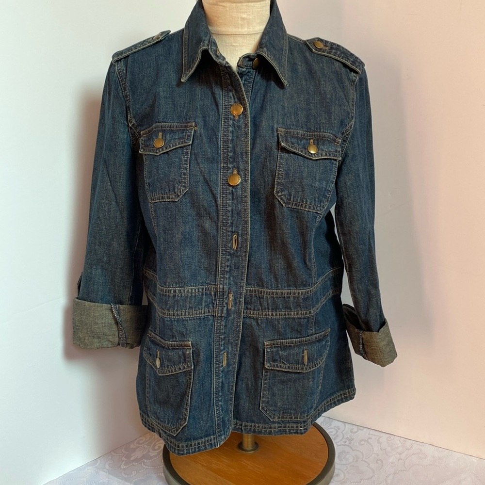Denim button down jacket with brass buttons
